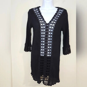 Flint & Moss Womens Crochet Tunic Top Size M Black Cover Up Beach Resort Coastal